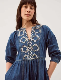 Pure Cotton Denim V-Neck Midi Waisted Dress