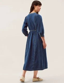Pure Cotton Denim V-Neck Midi Waisted Dress