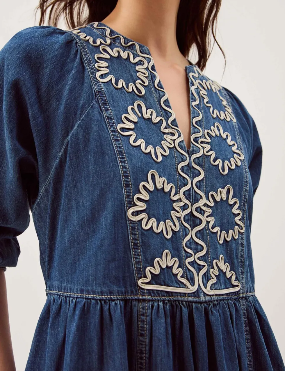 Pure Cotton Denim V-Neck Midi Waisted Dress