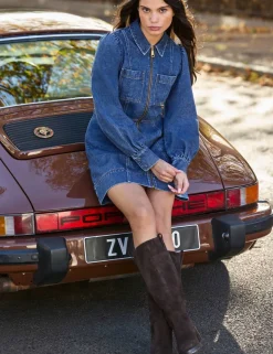 Pure Cotton Denim Zip Up Mini Waisted Dress