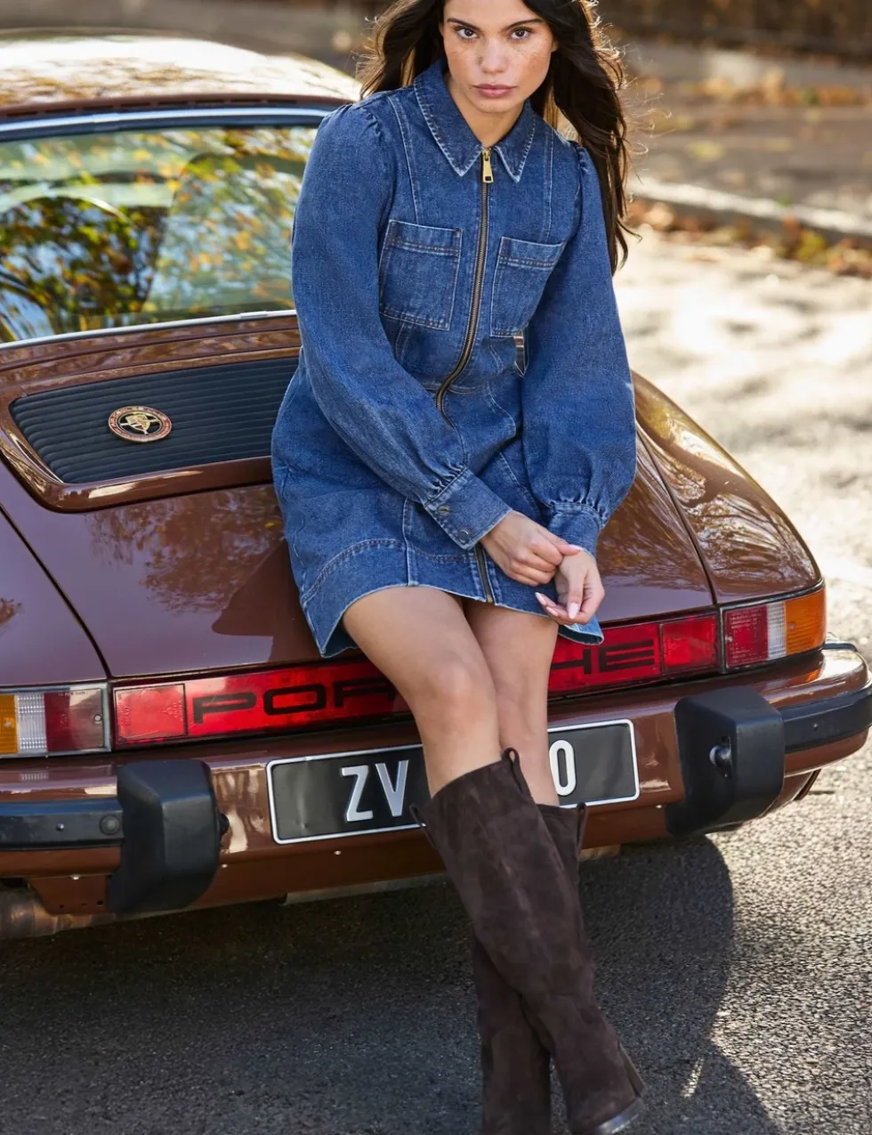 Pure Cotton Denim Zip Up Mini Waisted Dress