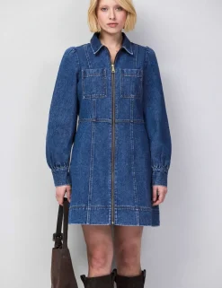 Pure Cotton Denim Zip Up Mini Waisted Dress