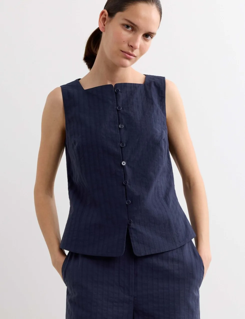 Pure Cotton Dobby Stripe Square Neck Waistcoat