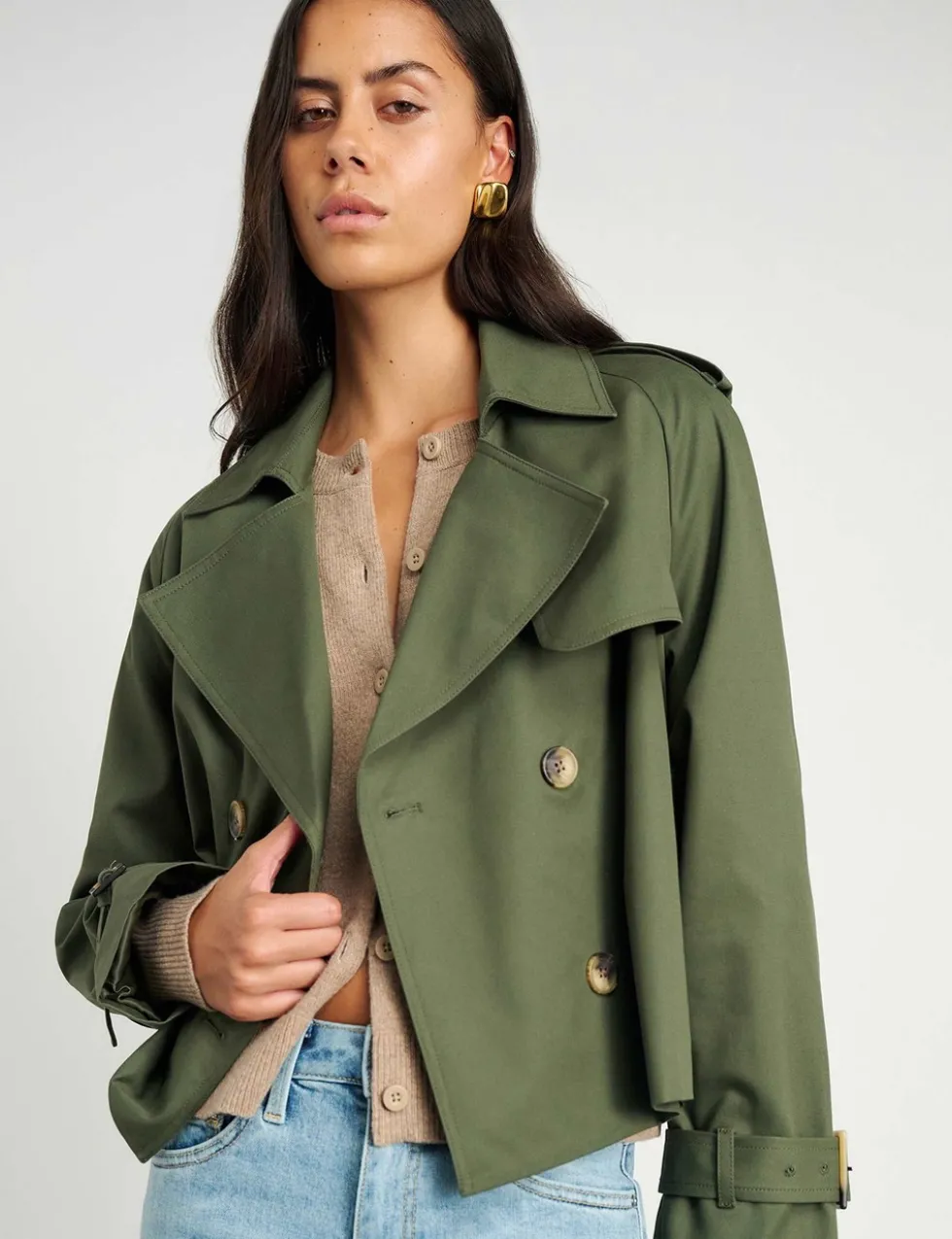 Pure Cotton Double Breasted Cropped Trench Coat
