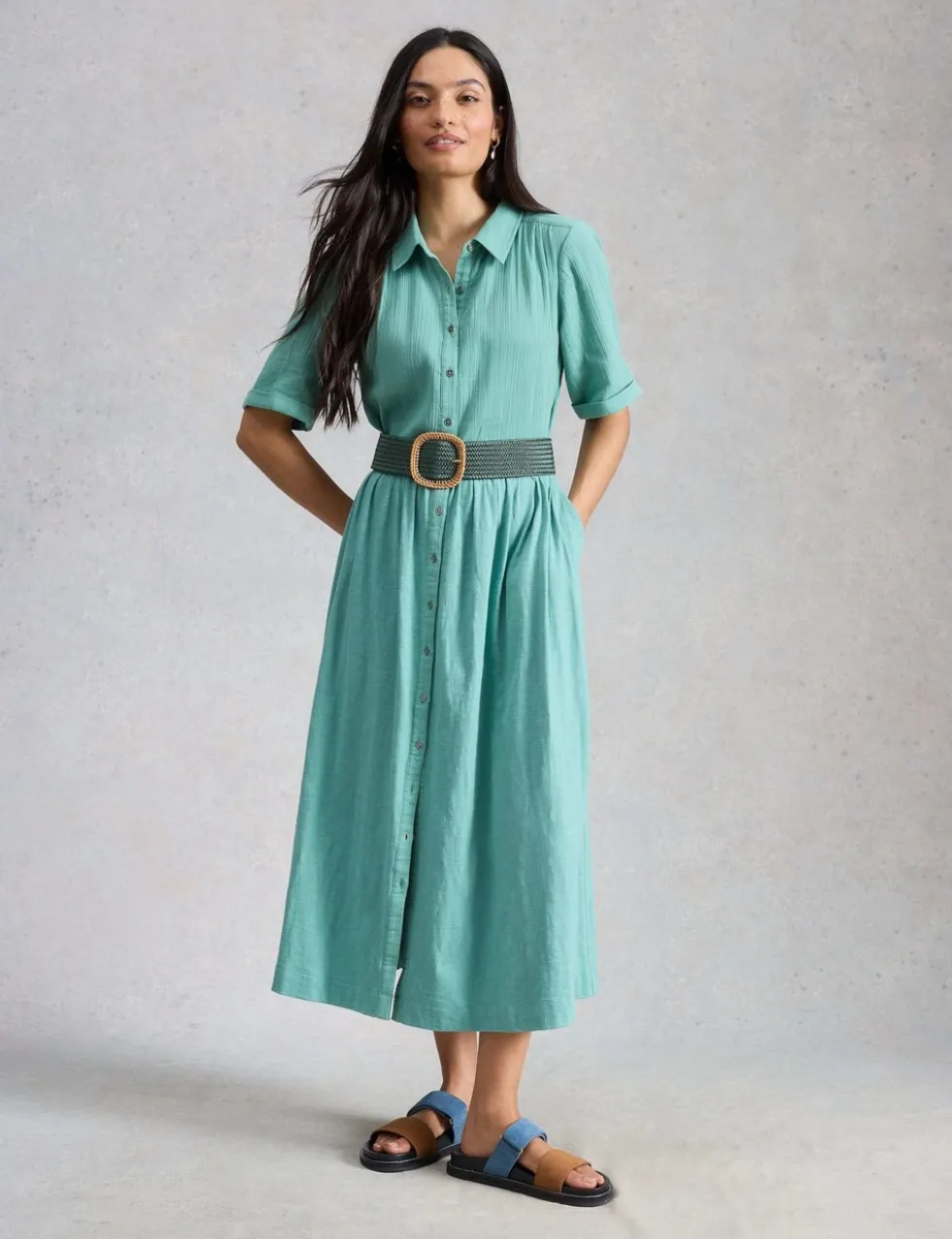 Pure Cotton Double Cloth Midi Shirt Dress