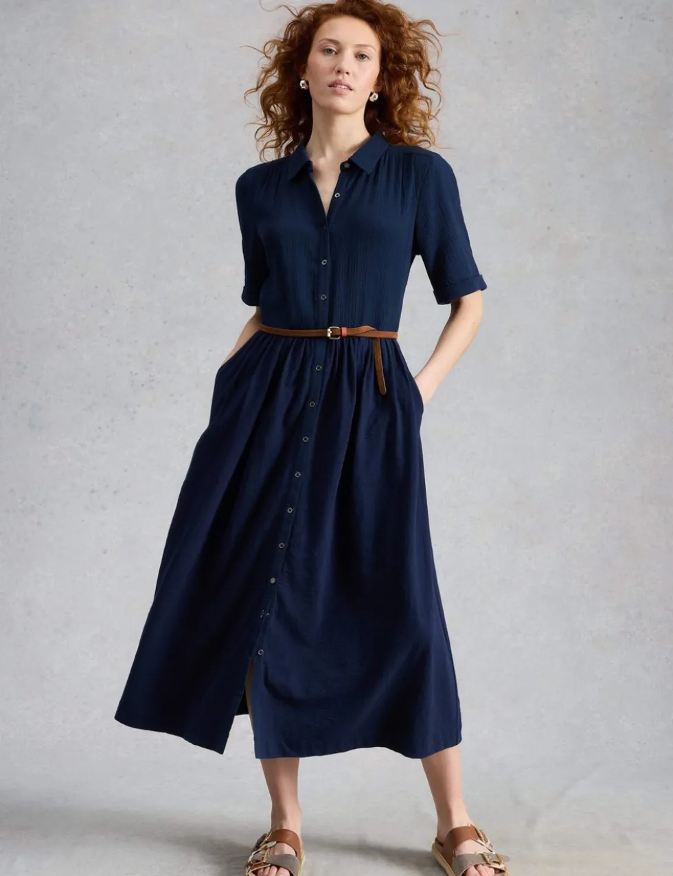 Pure Cotton Double Cloth Midi Shirt Dress