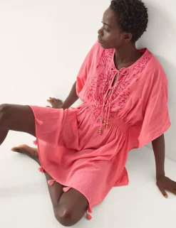 Pure Cotton Embellished V-Neck Mini Kaftan