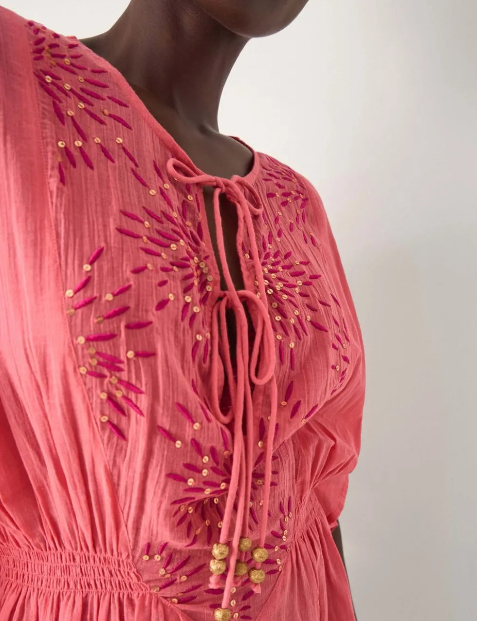 Pure Cotton Embellished V-Neck Mini Kaftan
