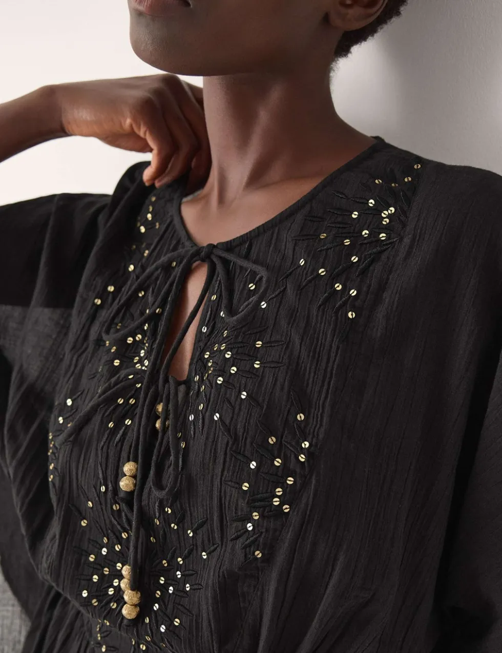 Pure Cotton Embellished V-Neck Mini Kaftan