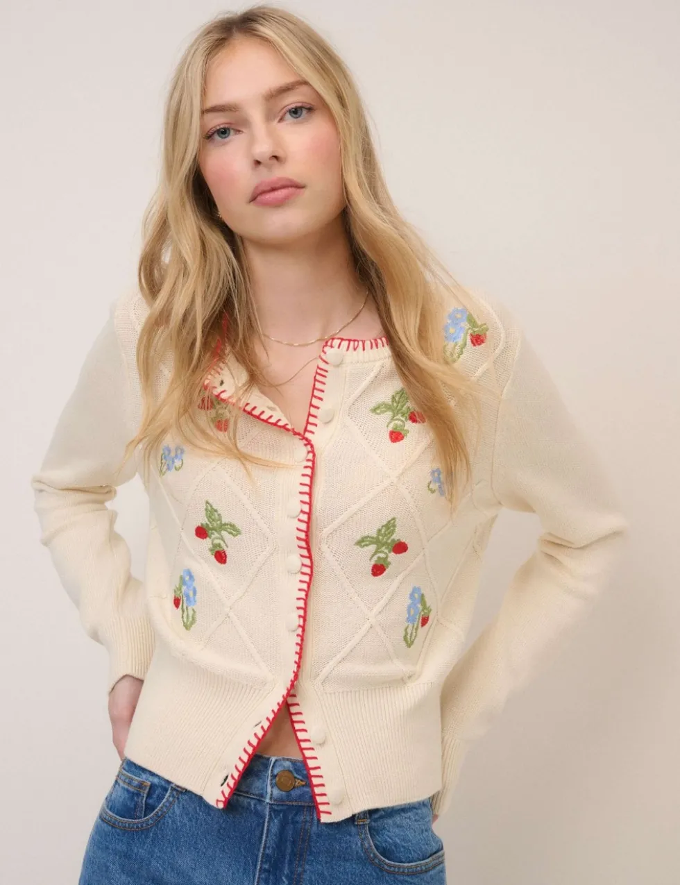 Pure Cotton Embroidered Button Front Cardigan
