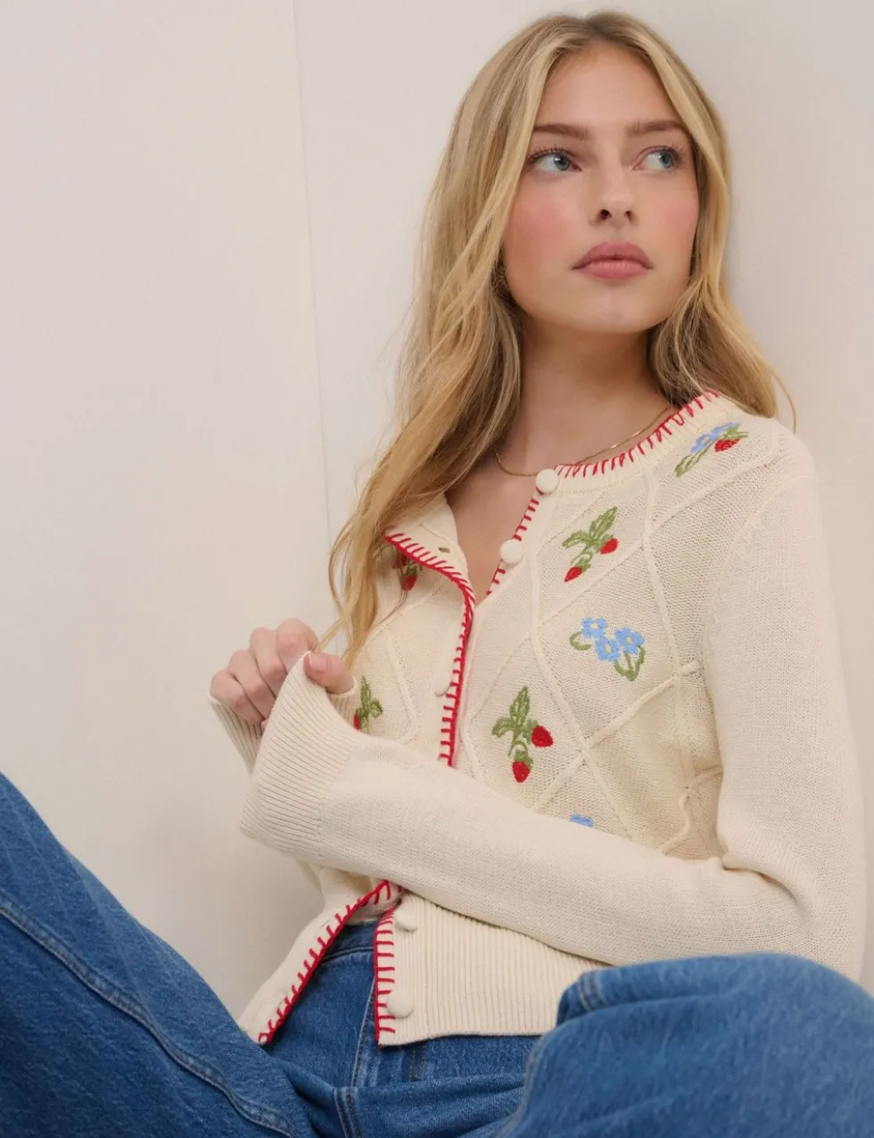 Pure Cotton Embroidered Button Front Cardigan