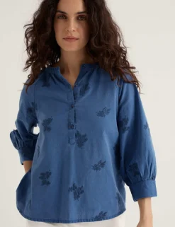 Pure Cotton Embroidered Blouson Sleeve Blouse
