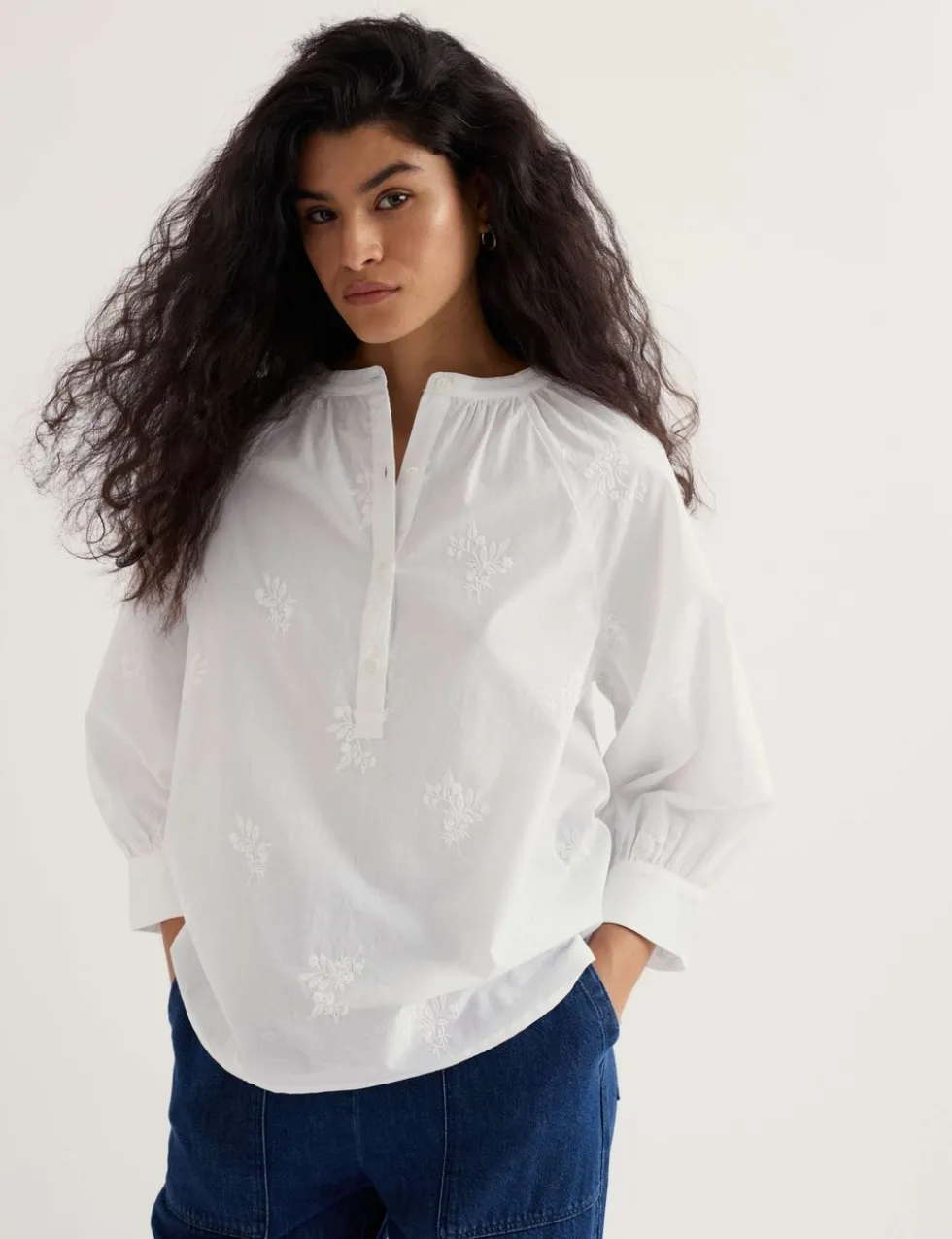 Pure Cotton Embroidered Blouson Sleeve Blouse