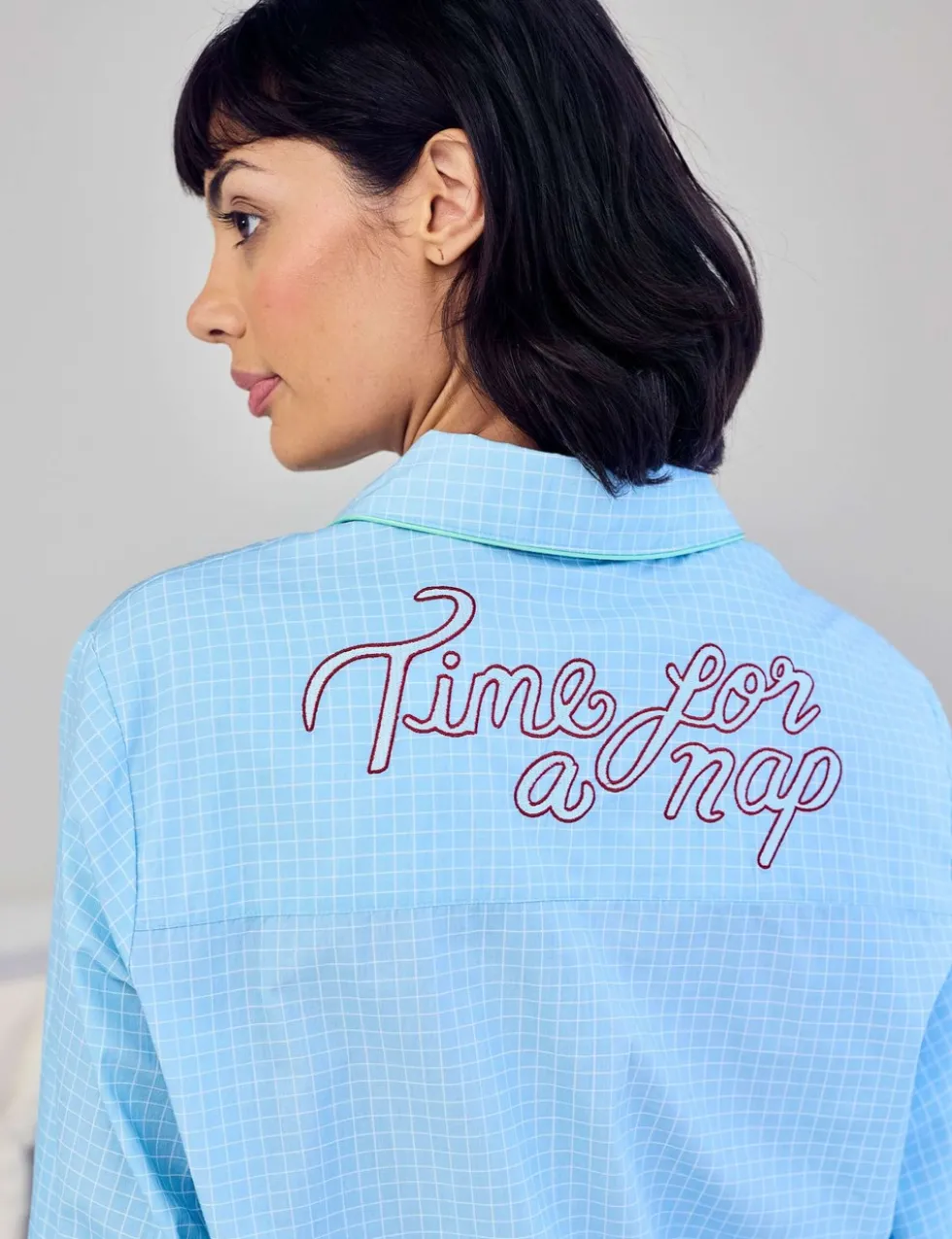 Pure Cotton Embroidered Check 'Time for a Nap' Short Pyjama Set