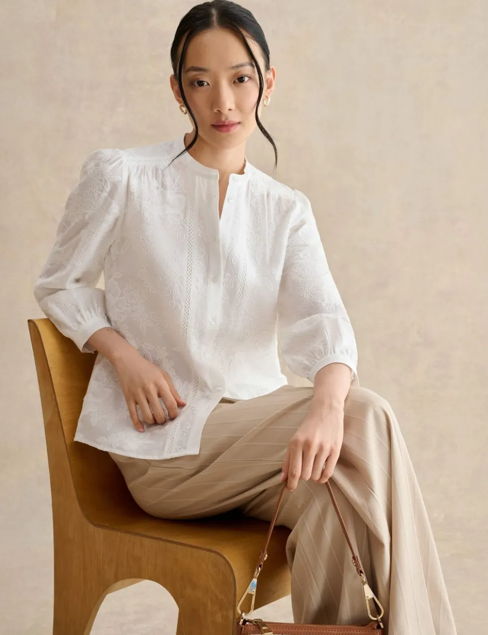 Pure Cotton Embroidered Crew Neck Blouse