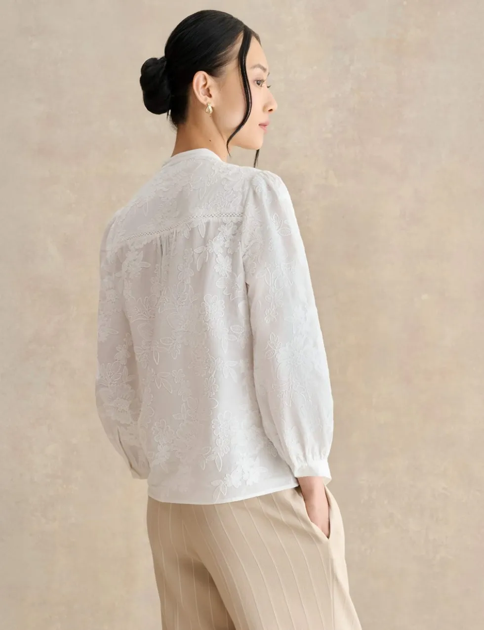 Pure Cotton Embroidered Crew Neck Blouse