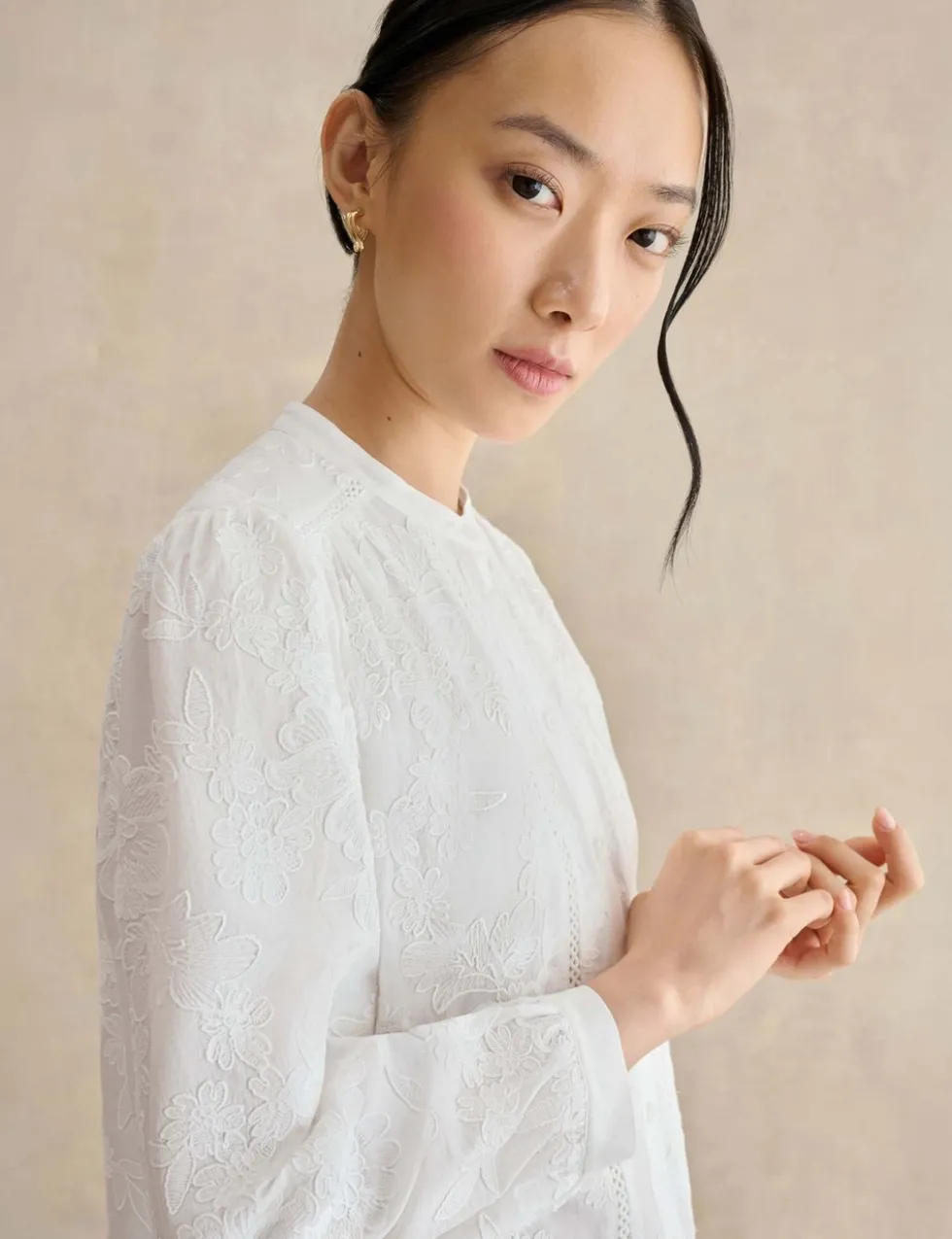 Pure Cotton Embroidered Crew Neck Blouse