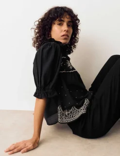 Pure Cotton Embroidered Lace Collar Blouse