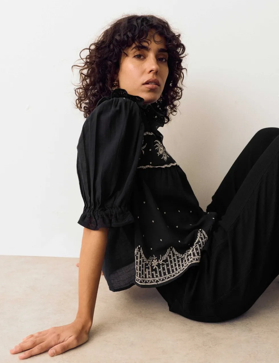 Pure Cotton Embroidered Lace Collar Blouse