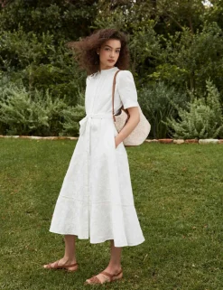Pure Cotton Embroidered Midi Waisted Dress