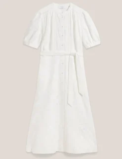 Pure Cotton Embroidered Midi Waisted Dress