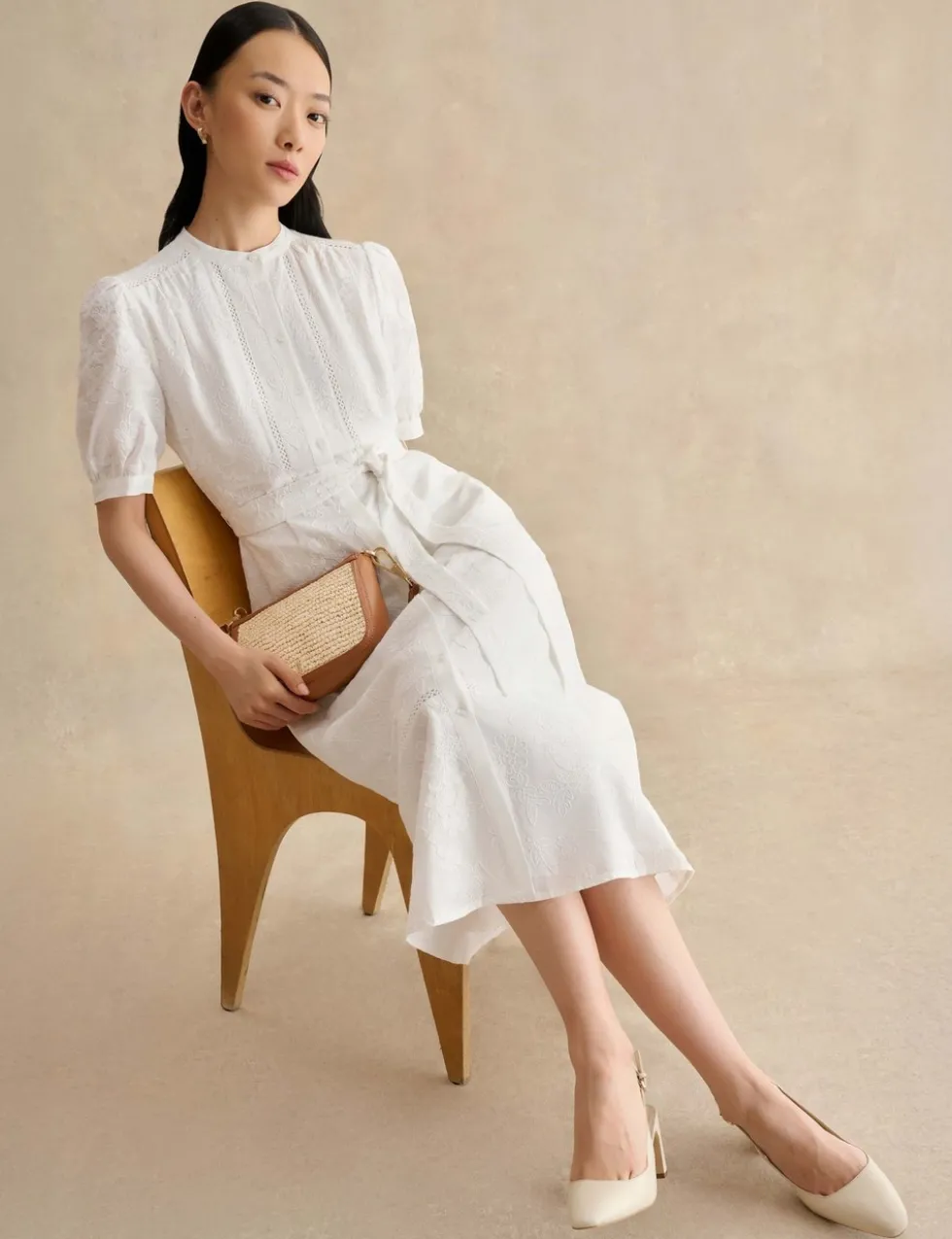 Pure Cotton Embroidered Midi Waisted Dress