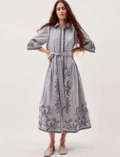 Pure Cotton Embroidered Midi Shirt Dress