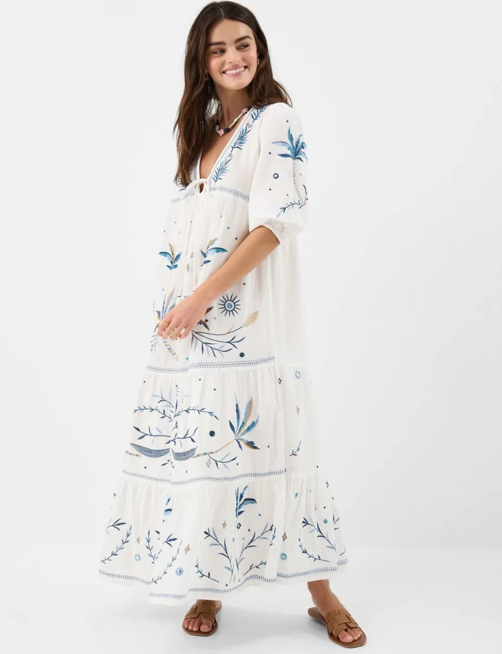 Pure Cotton Embroidered Maxi Tiered Dress