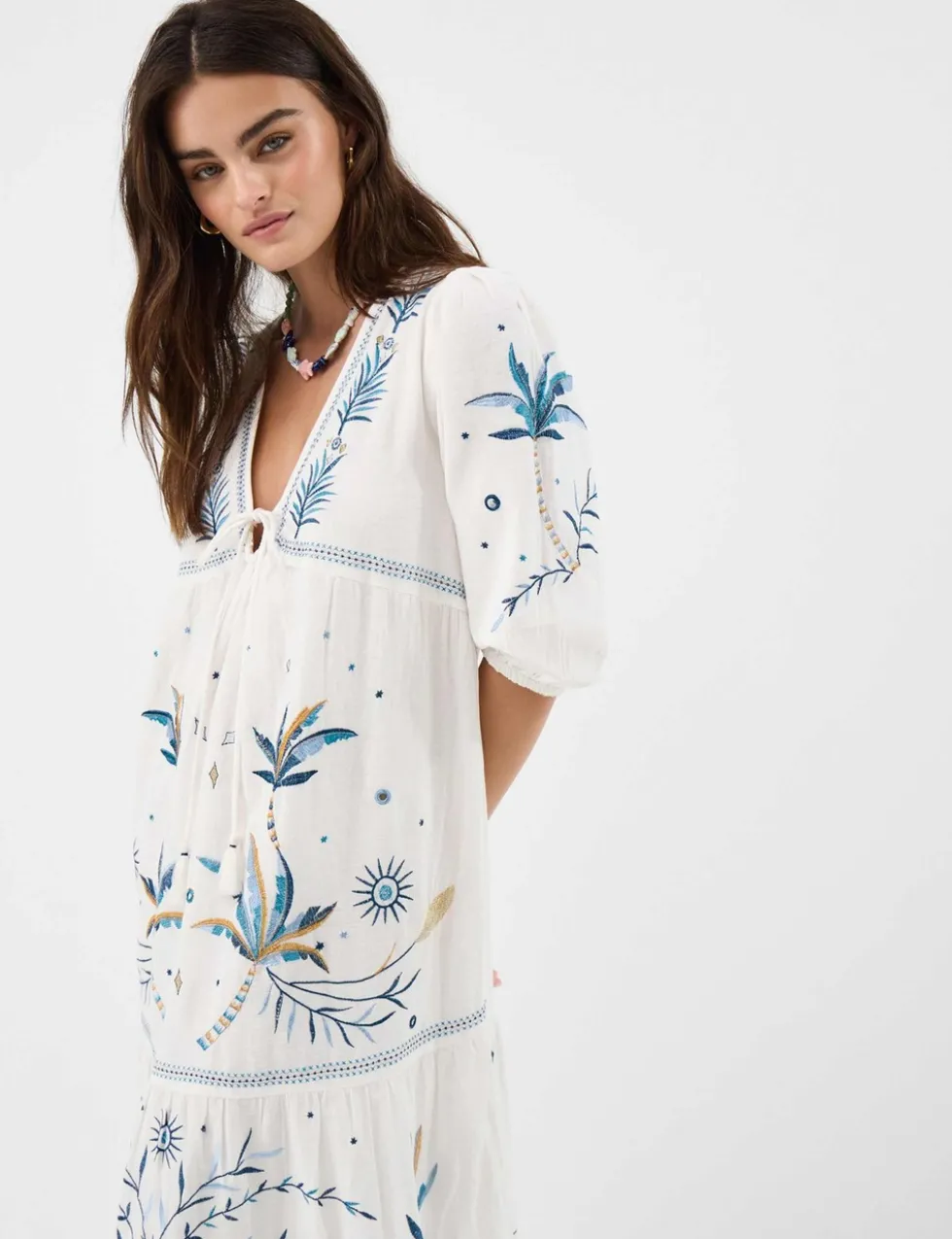 Pure Cotton Embroidered Maxi Tiered Dress