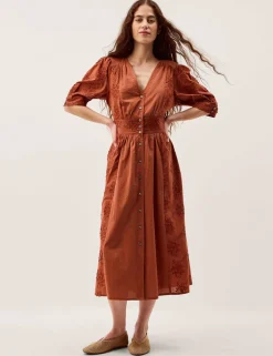 Pure Cotton Embroidered Midi Waisted Dress