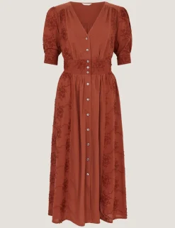 Pure Cotton Embroidered Midi Waisted Dress