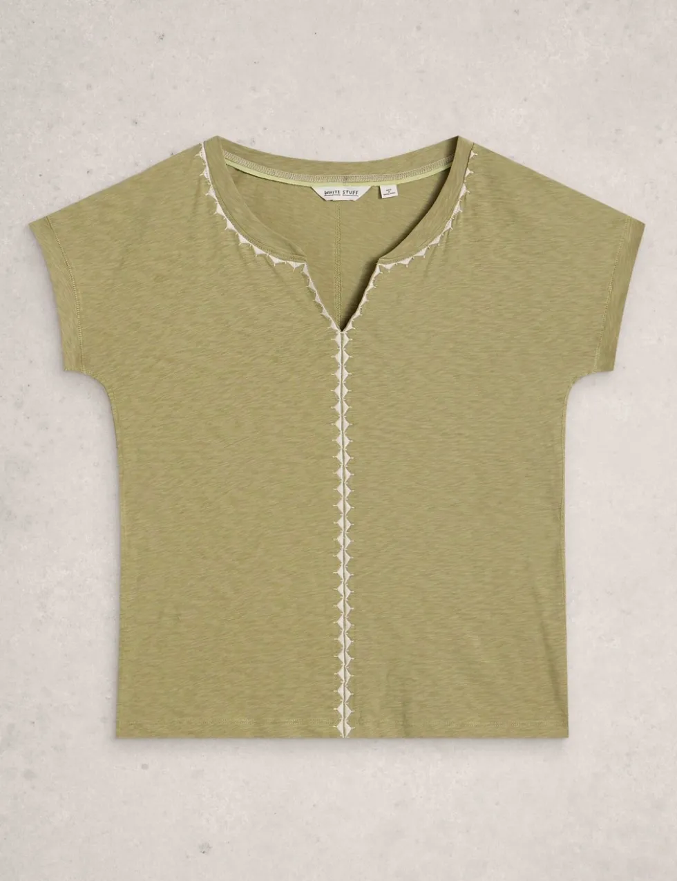 Pure Cotton Embroidered Notch Neck T-Shirt