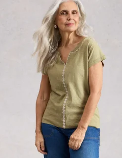 Pure Cotton Embroidered Notch Neck T-Shirt