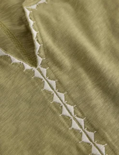 Pure Cotton Embroidered Notch Neck T-Shirt