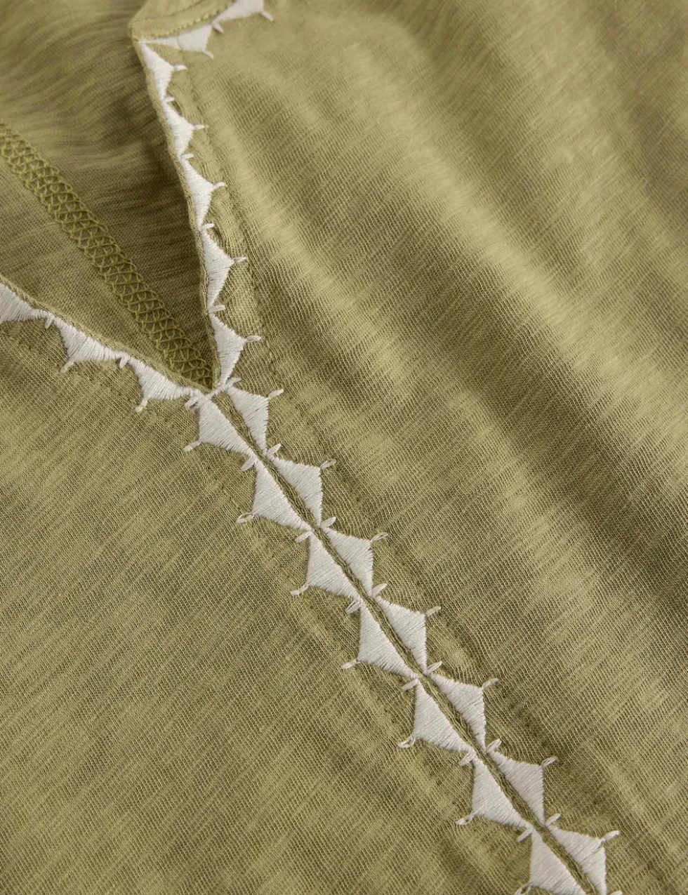 Pure Cotton Embroidered Notch Neck T-Shirt