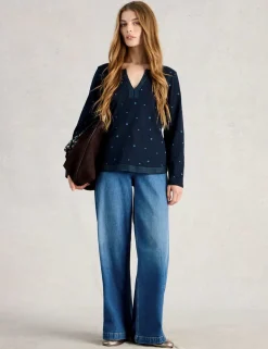 Pure Cotton Embroidered Notch Neck Top