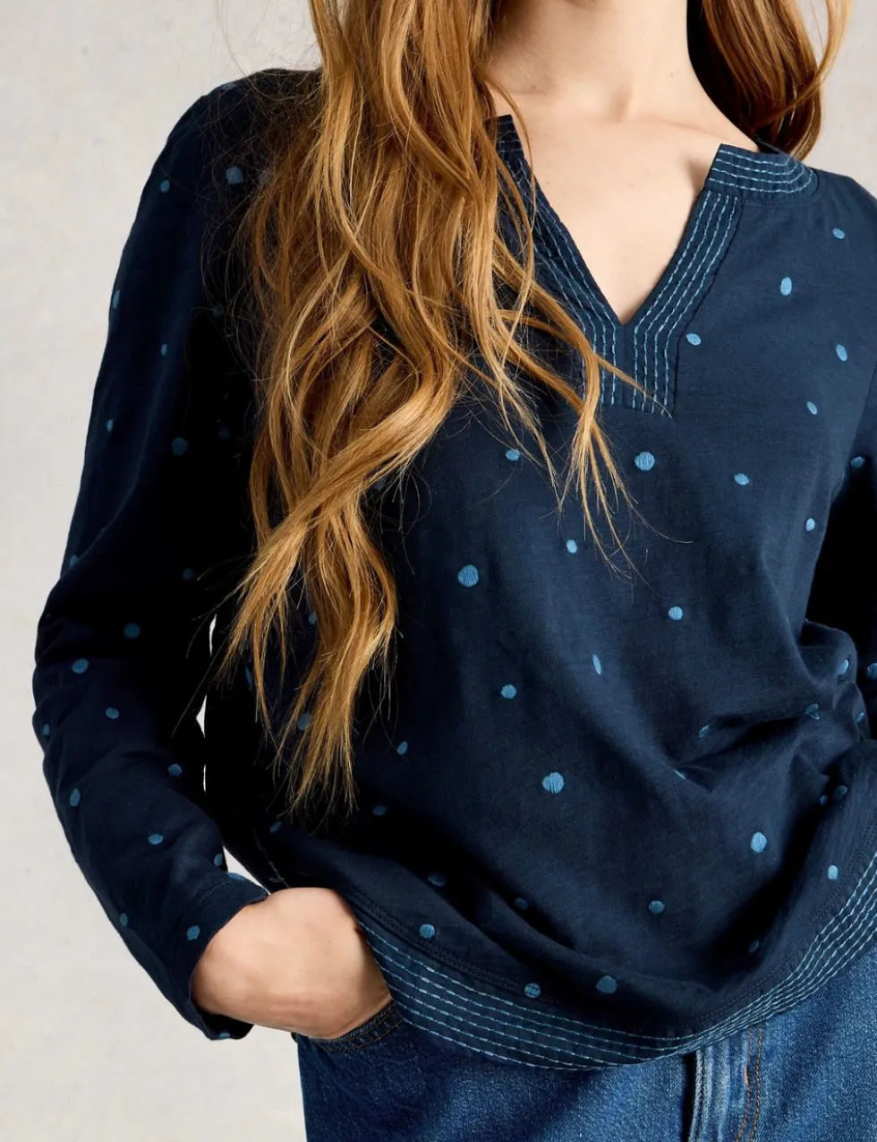 Pure Cotton Embroidered Notch Neck Top