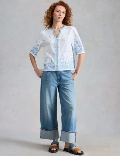 Pure Cotton Embroidered Notch Neck Top