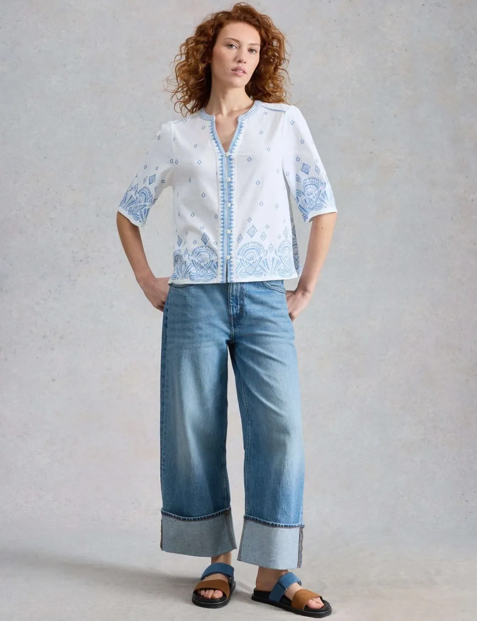 Pure Cotton Embroidered Notch Neck Top