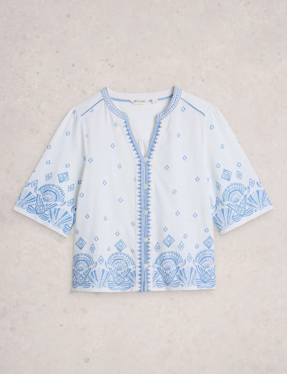 Pure Cotton Embroidered Notch Neck Top