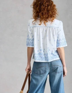 Pure Cotton Embroidered Notch Neck Top