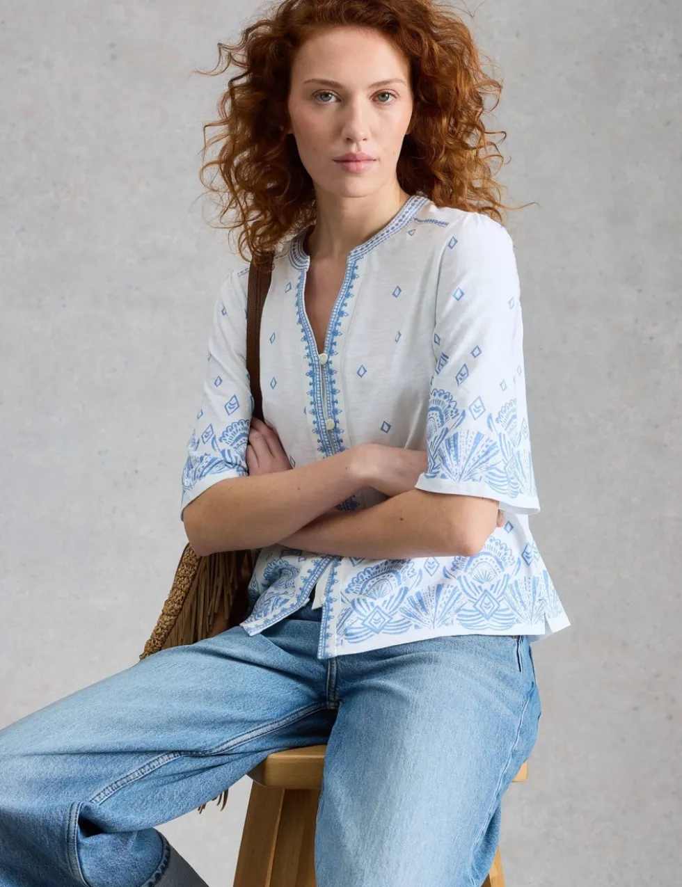 Pure Cotton Embroidered Notch Neck Top