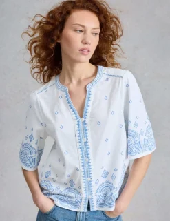 Pure Cotton Embroidered Notch Neck Top