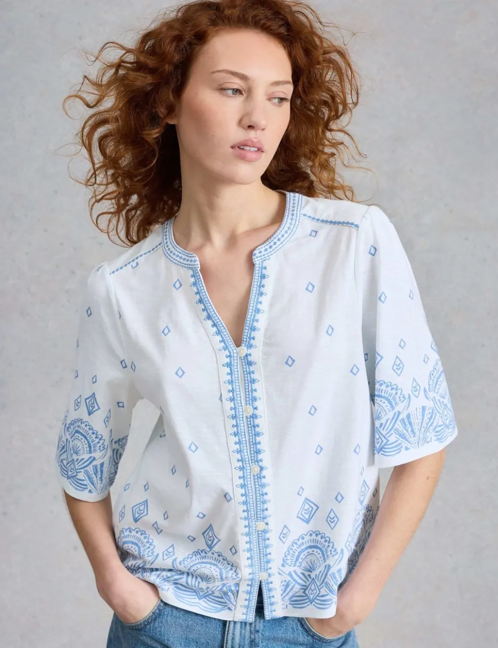 Pure Cotton Embroidered Notch Neck Top