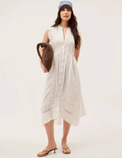 Pure Cotton Embroidered Notch Neck Midi Dress