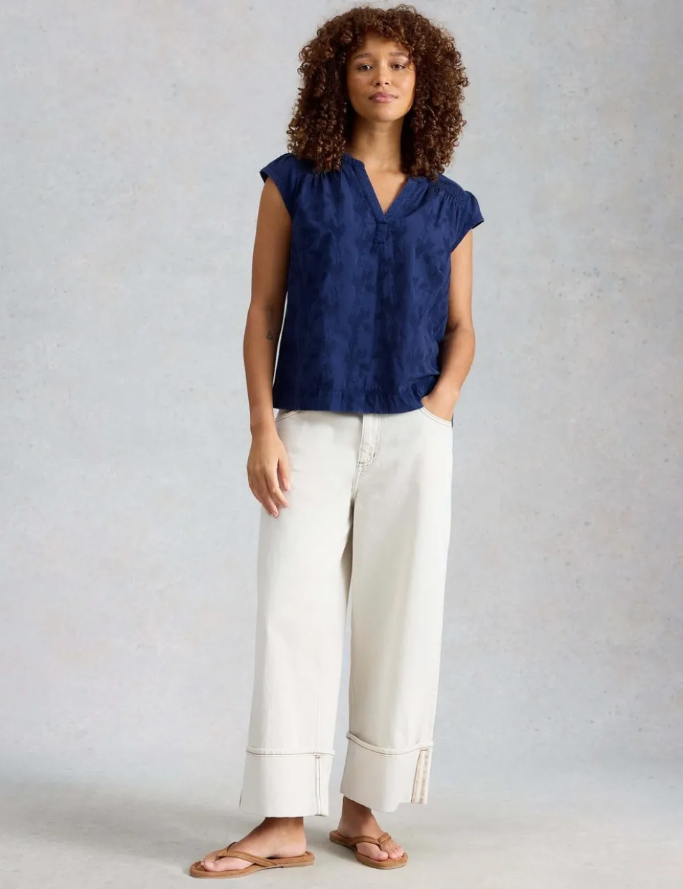 Pure Cotton Embroidered Notch Neck Blouse