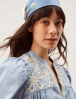 Pure Cotton Embroidered Notch Neck Top