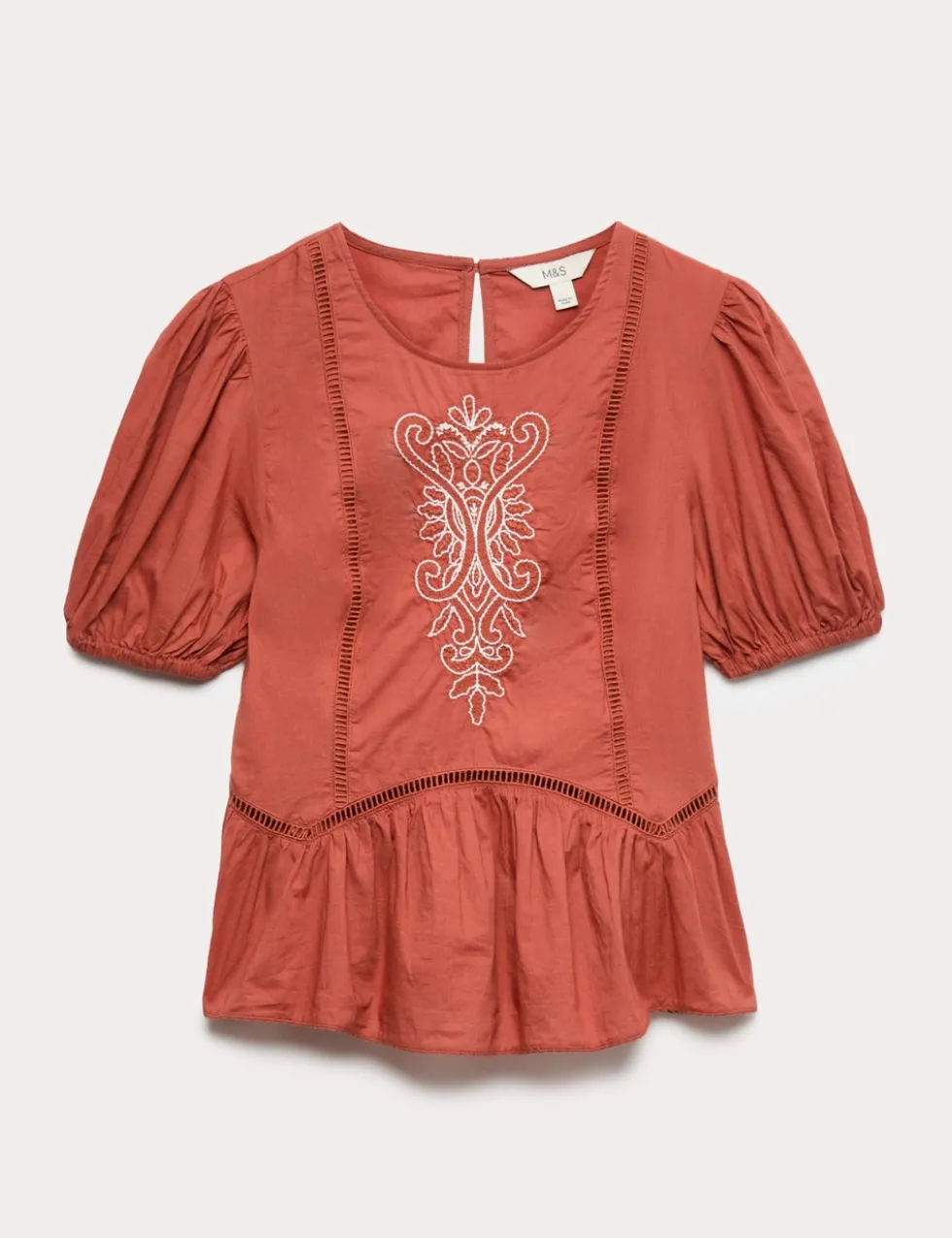 Pure Cotton Embroidered Puff Sleeve Blouse