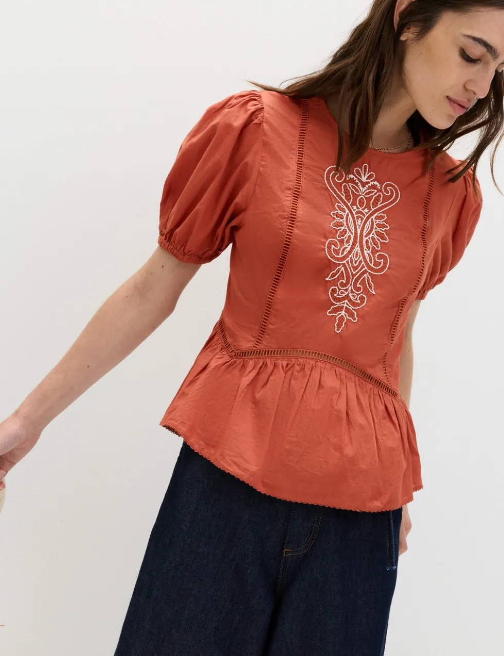 Pure Cotton Embroidered Puff Sleeve Blouse