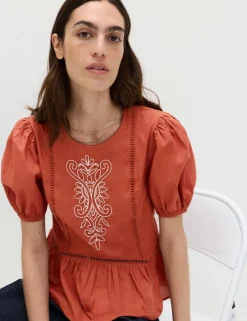 Pure Cotton Embroidered Puff Sleeve Blouse